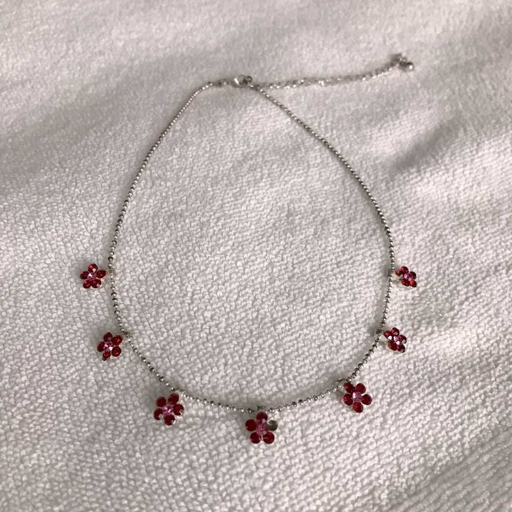 90s Vintage Flower Choker Necklace Red Floral